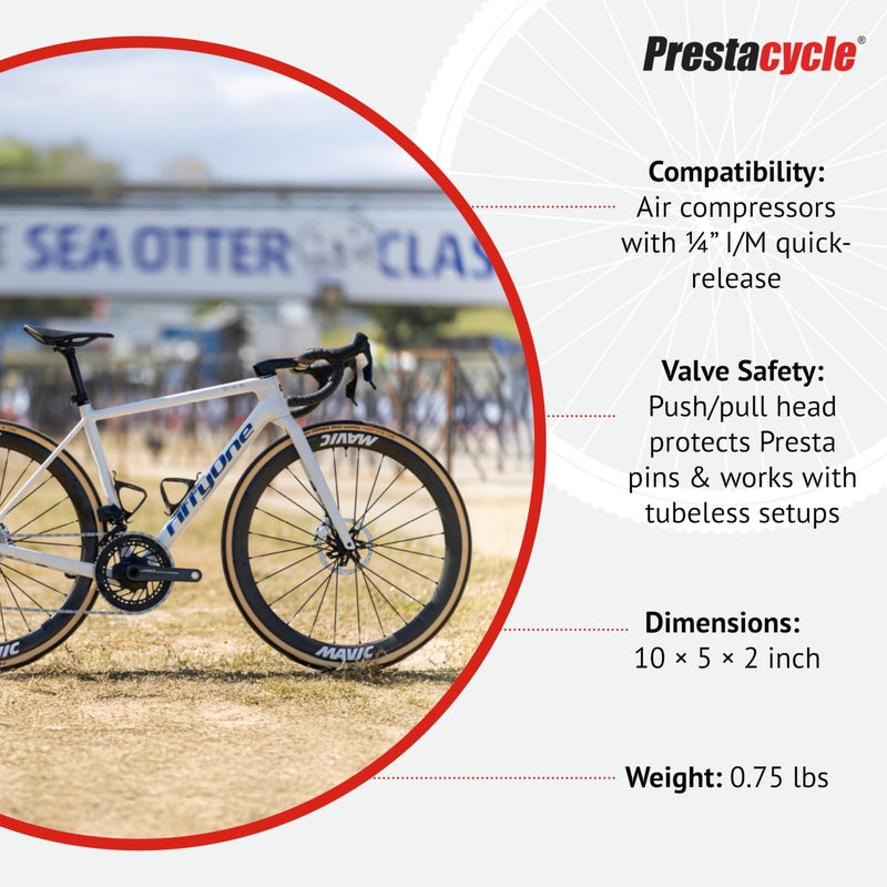 Prestacycle Prestaflator Multipurpose Bicycle Tire Inflation Tool â€“ Presta & Schrader Air Compressor Tool with QuickClickâ„¢ Heads, Steel Gauge, Variable-Rate Trigger, and High-Flex Hose - Image 5